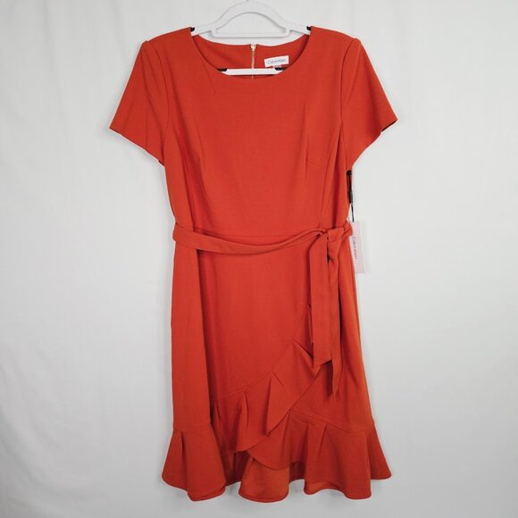 NWT CALVIN KLEIN Faux Wrap Dress ORANGE CLAY size 16 Ruffle Hem Short Sleeves - Picture 2 of 11